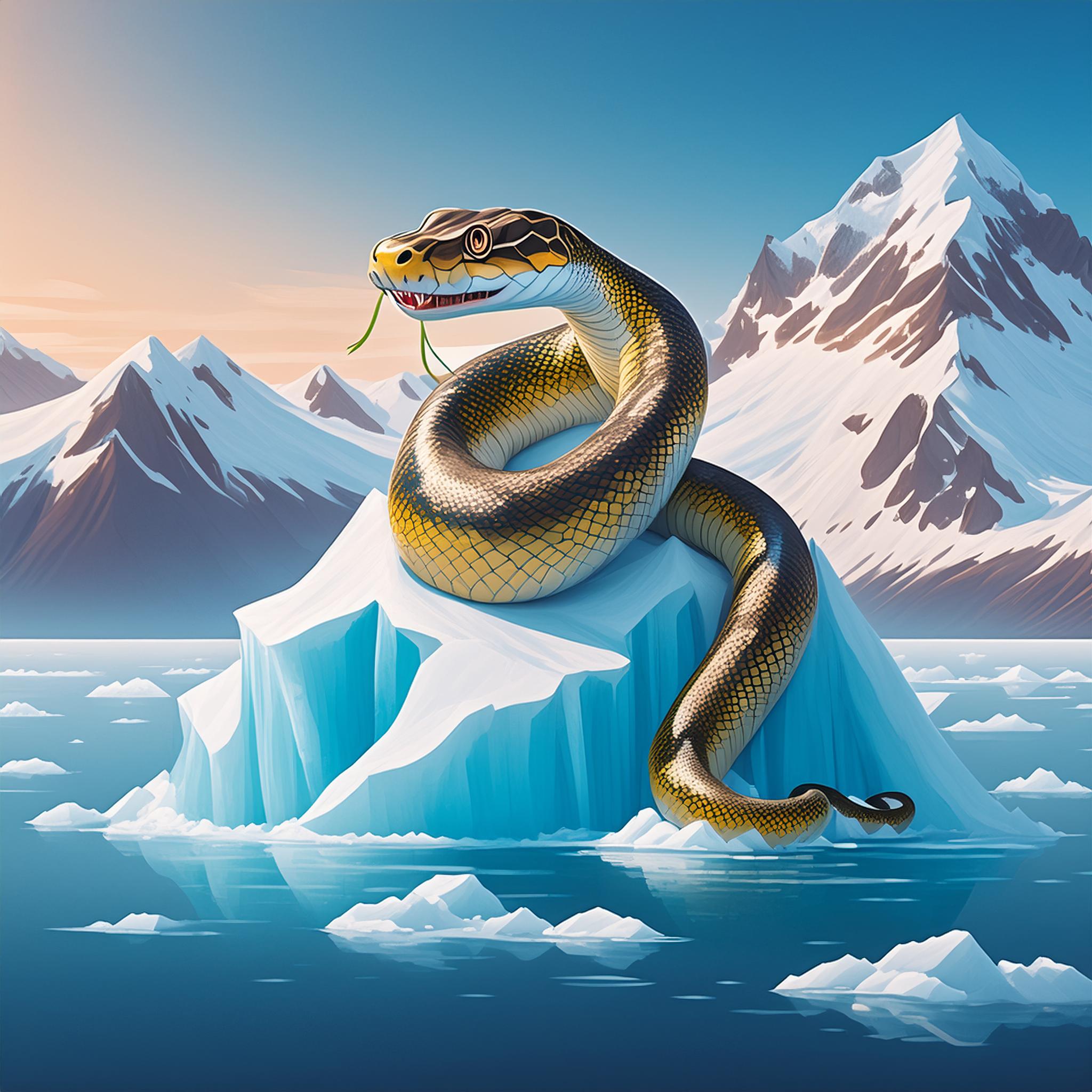 AI prompt: Friendly python slithering over an iceberg